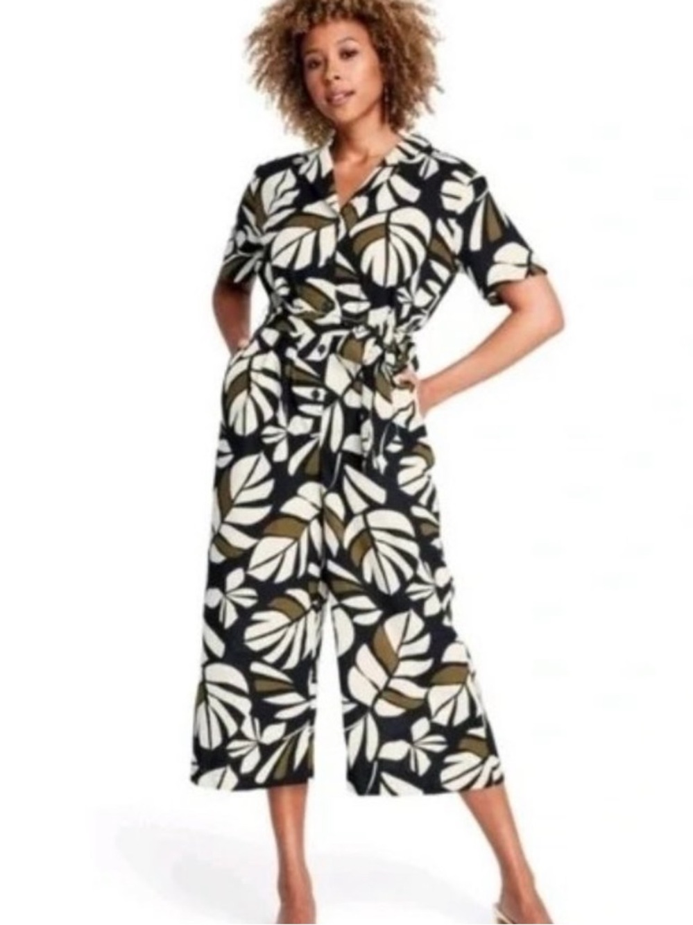 Tabitha Black Jumpsuit with Olive and White Leaf Print